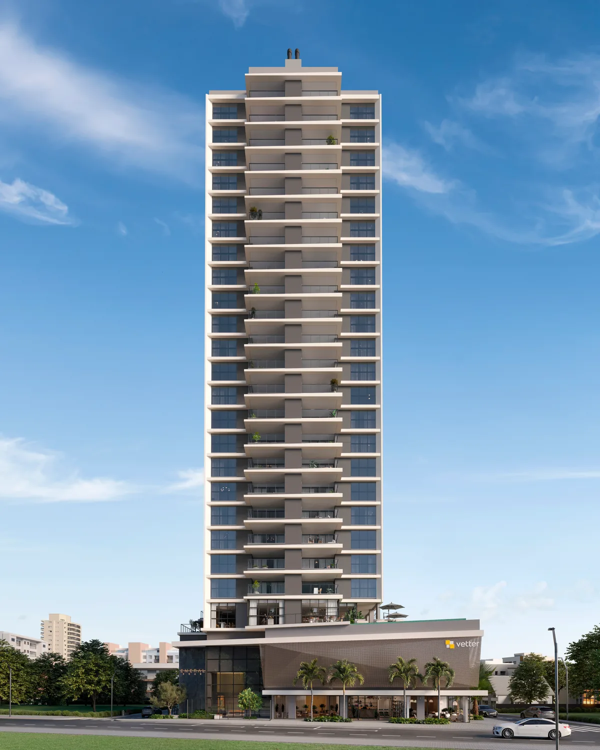 Fachada moderna de prédio residencial com varandas e lojas no térreo em Itacolomi, Balneário Piçarra