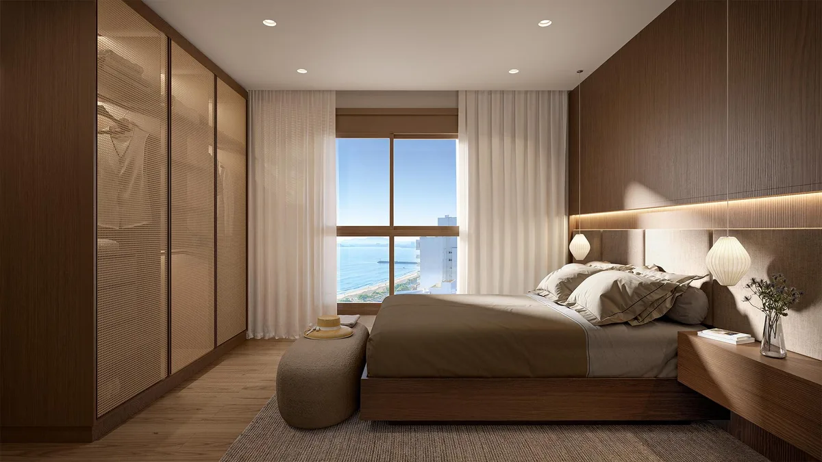 Quarto de casal com cama king size, closet de madeira e vista para o mar - Apartamento 3 suítes em B