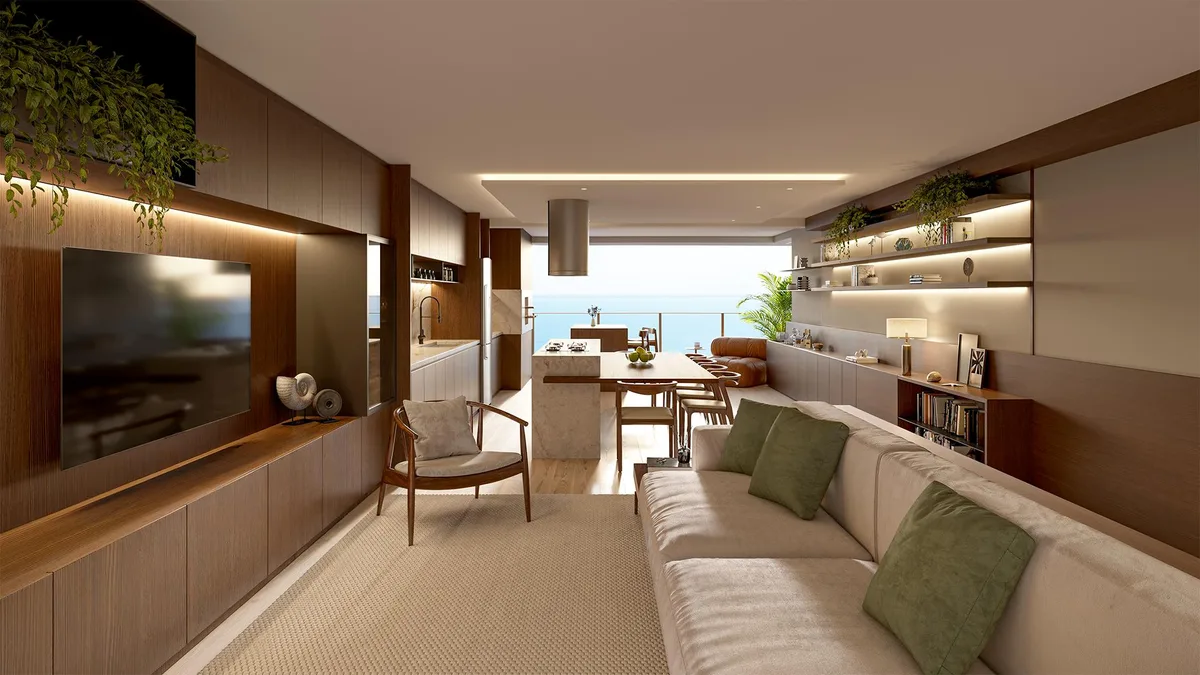Sala de estar com sofá bege, mesa de jantar e vista para o mar - Apartamento em Centro, Balneário Pi