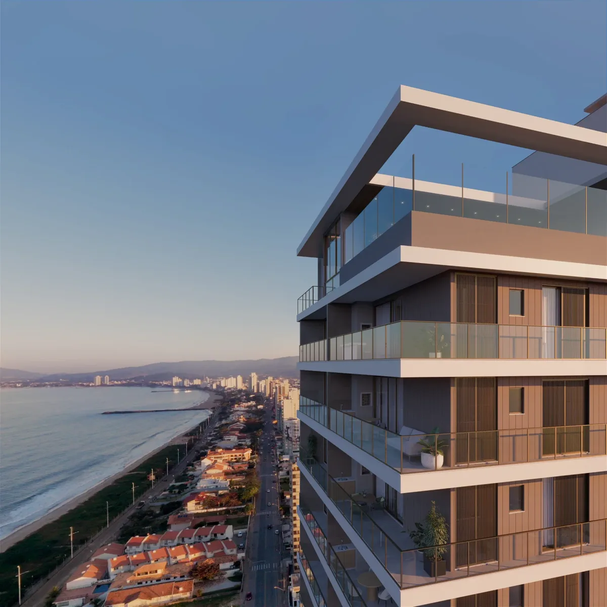 Vista aérea com drone do Terrace, empreendimento frente mar com 2 e 3 dormitórios no centro de Balneário Piçarras